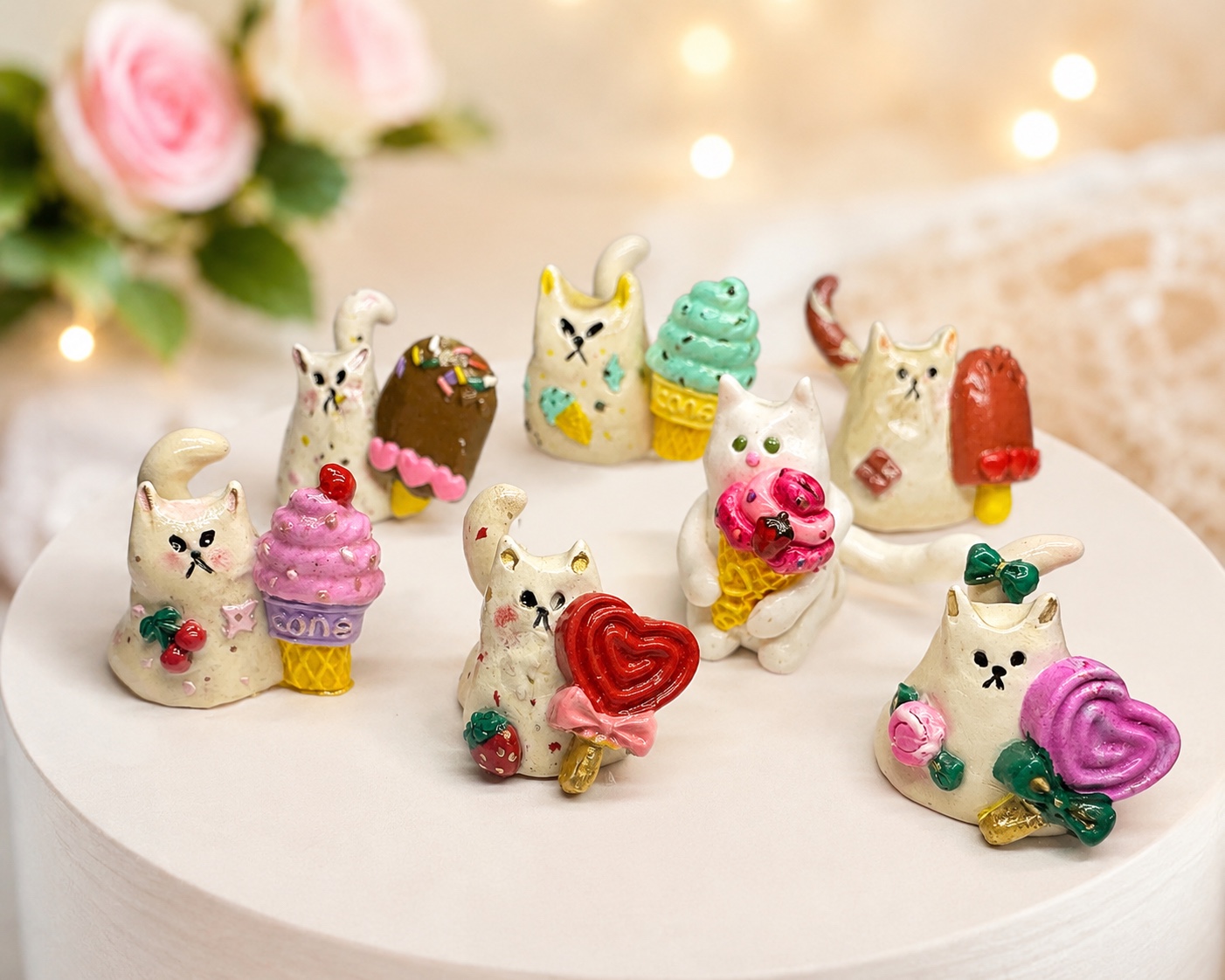 A collection of handmade cats with colorful ice cream cones and heart-shaped treats